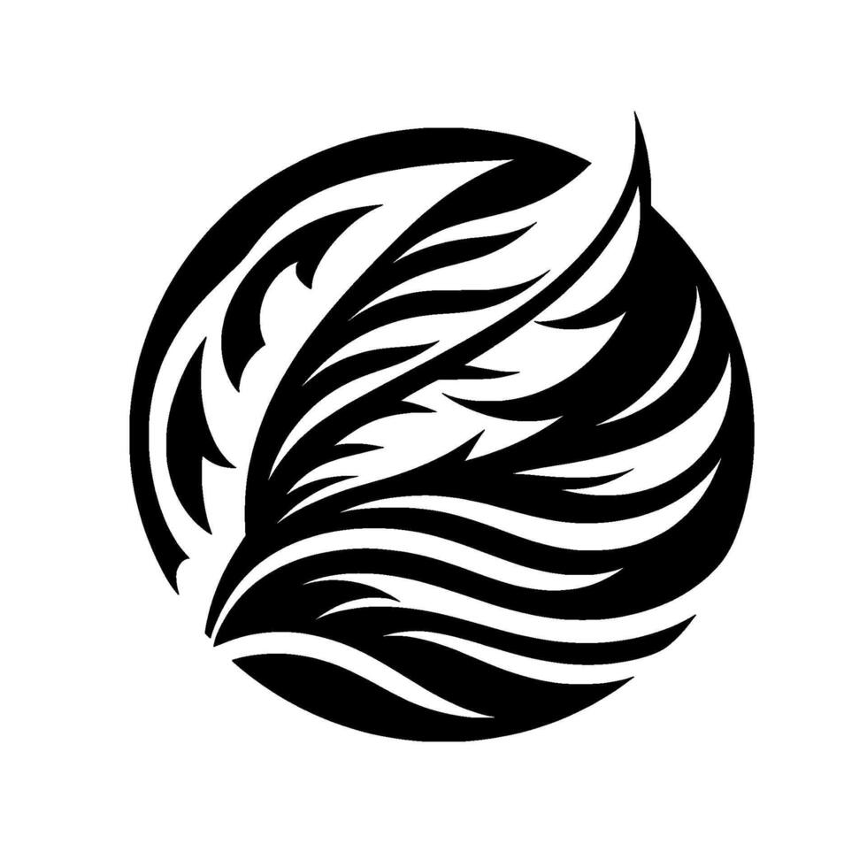 An abstract, symmetrical of a stylized feather motif within a black circular frame, rendered in highcontrast, minimalist style. vector
