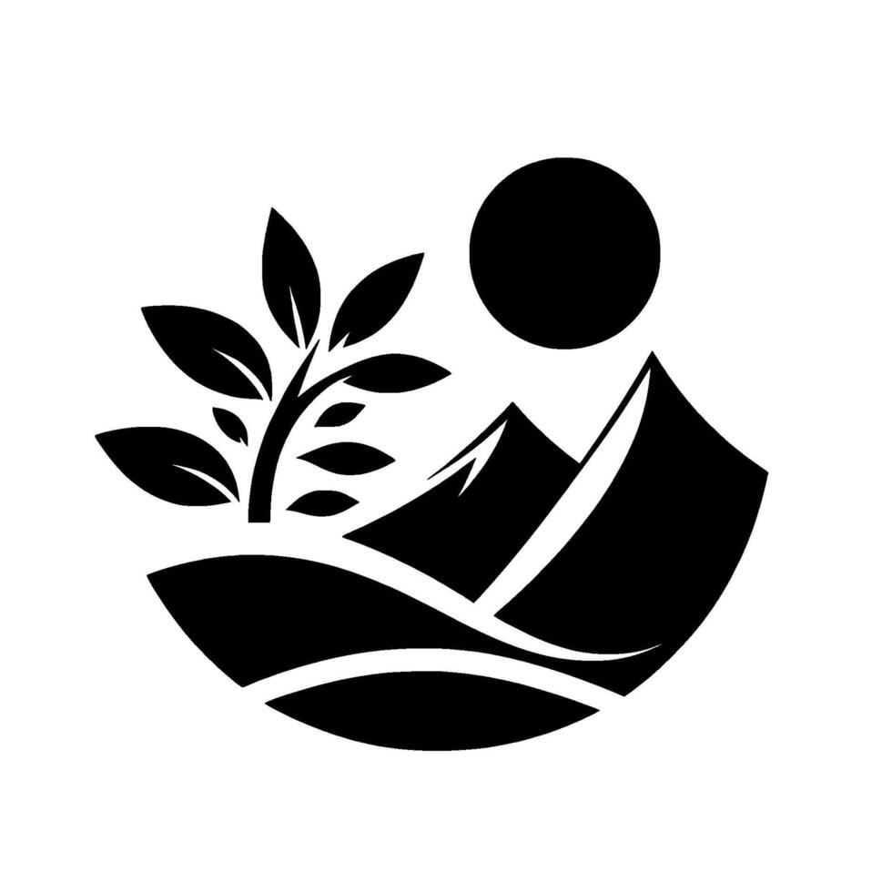 A minimalist black and white featuring a stylized mountain range, sun, and growing plant, representing growth and natures harmony. vector