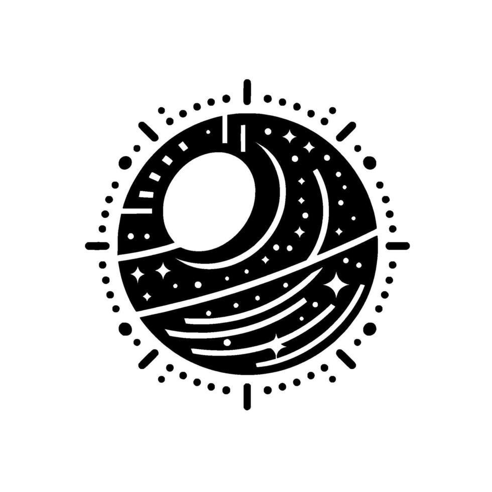 A minimalist black and white celestial illustration, featuring a stylized crescent moon, stars, and concentric circles, evoking a sense of cosmic wonder. vector