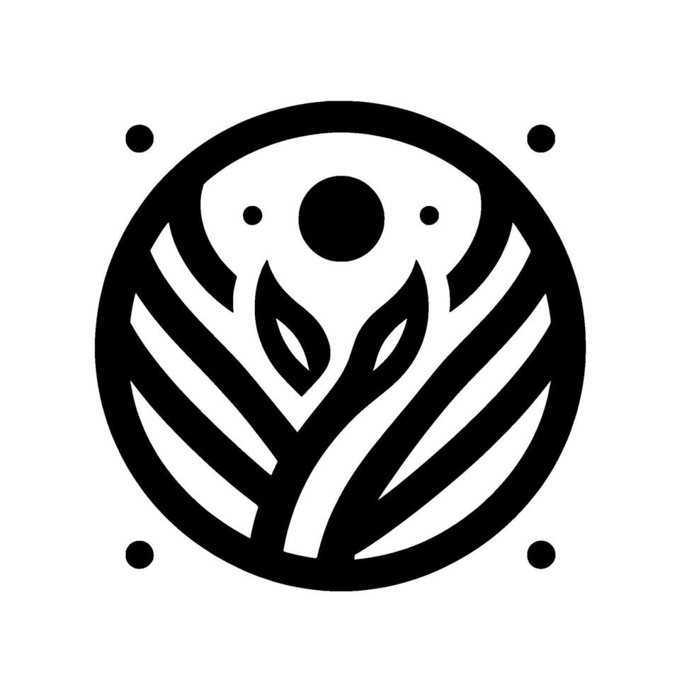 A minimalist black and white circular featuring a stylized plant with leaves and striped inner details, framed by dots. vector