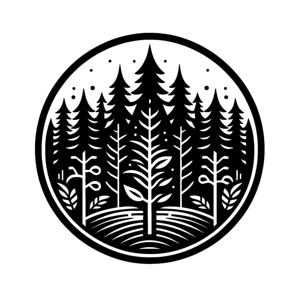 A minimalist, circular black and white forest silhouette illustration featuring a grove of stylized trees, under a sprinkling of stars, evoking tranquility. vector
