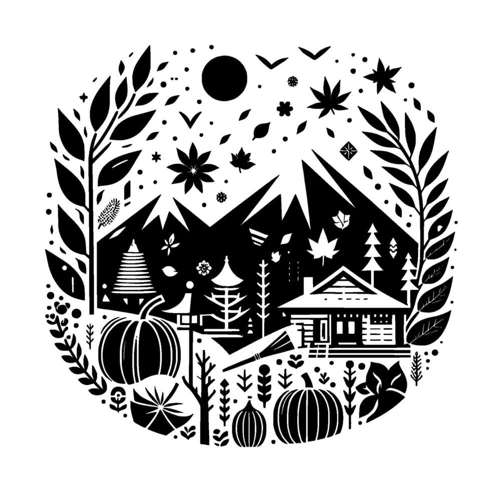 A circular, stylized illustration showcasing a black and white autumn scene mountains, a cabin, pumpkins, leaves, foliage and a pagoda, encapsulated in a circle. vector