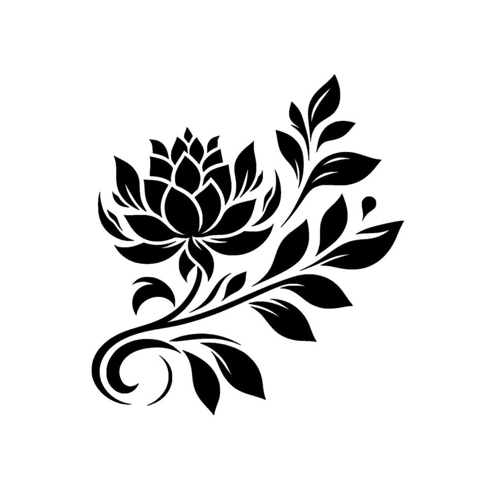 Elegant Black and White Floral Illustration Featuring a Lotuslike Blossom and Flourishing Leafy Branches, Silhouetted Against a Clean White Background. vector