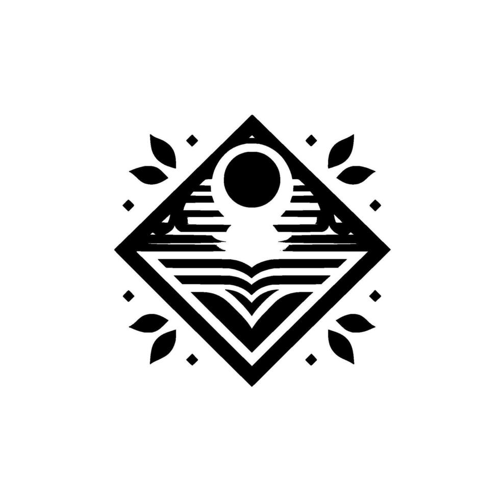Abstract monochrome geometric featuring an open book and stylized sun within a rhombus frame, adorned with leaves and dots. vector