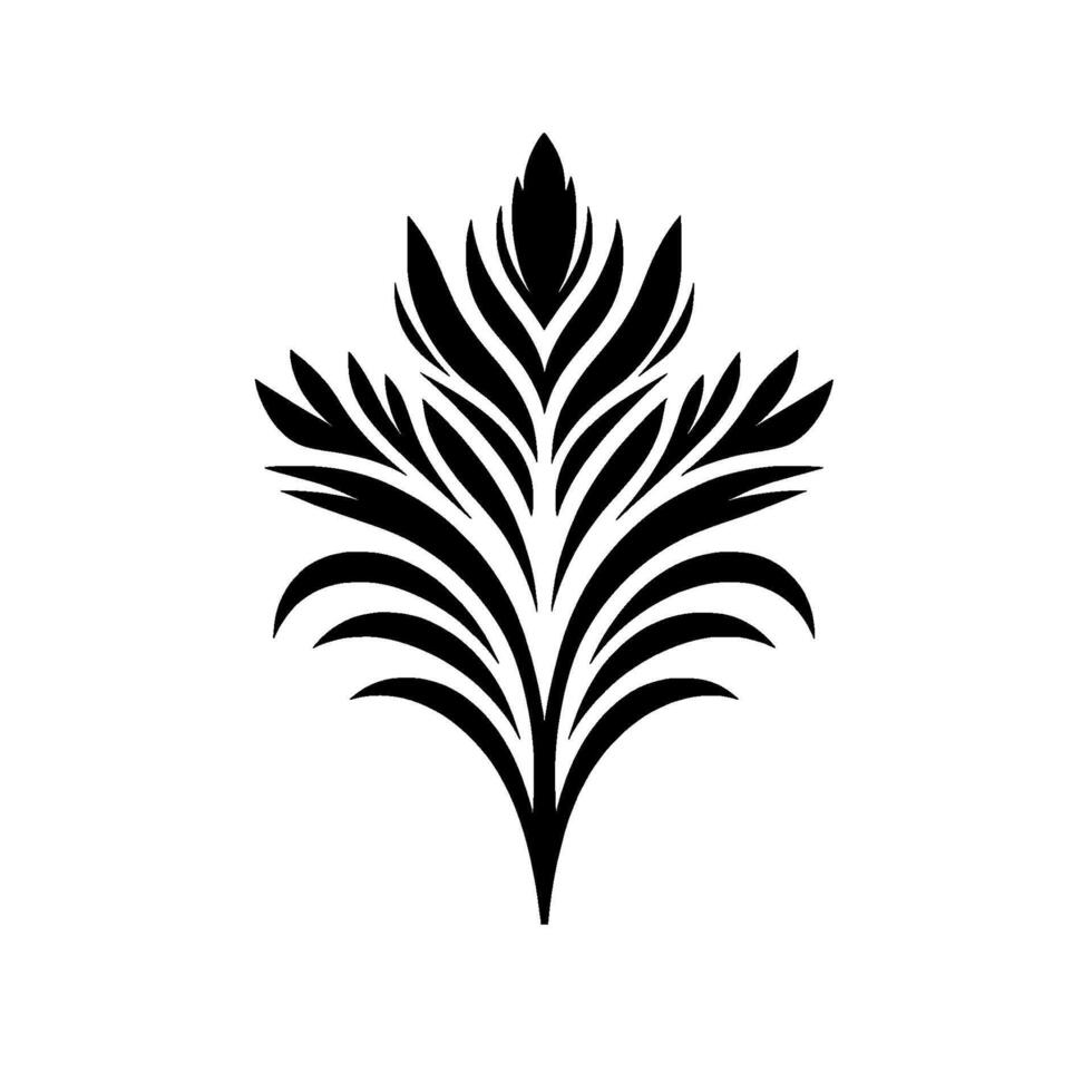 Stylized Black Floral A symmetrical, minimalist depiction of a floral arrangement with a central stem, radiating upward with curved leaves on a plain white background. vector