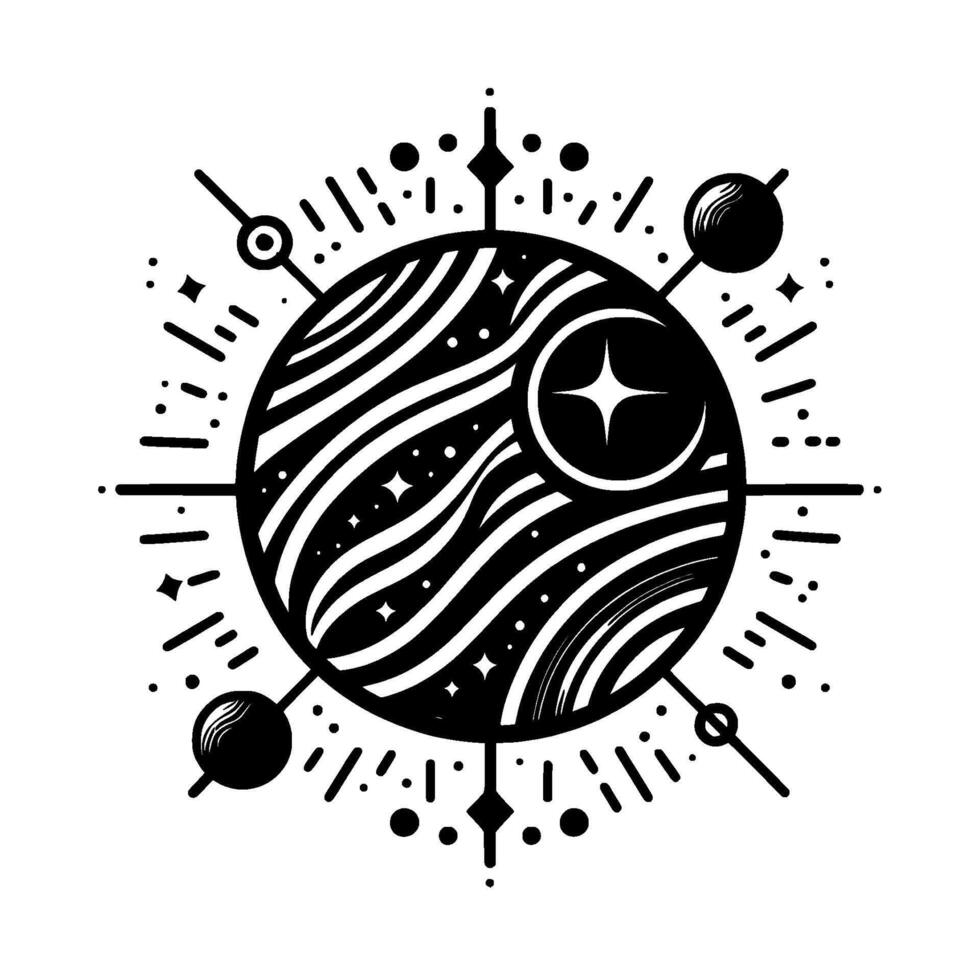 Intricate Celestial Illustration A Black and White Cosmic Mandala with a Central Starburst, Planetlike Orb, and Radiant Geometric Embellishments. vector
