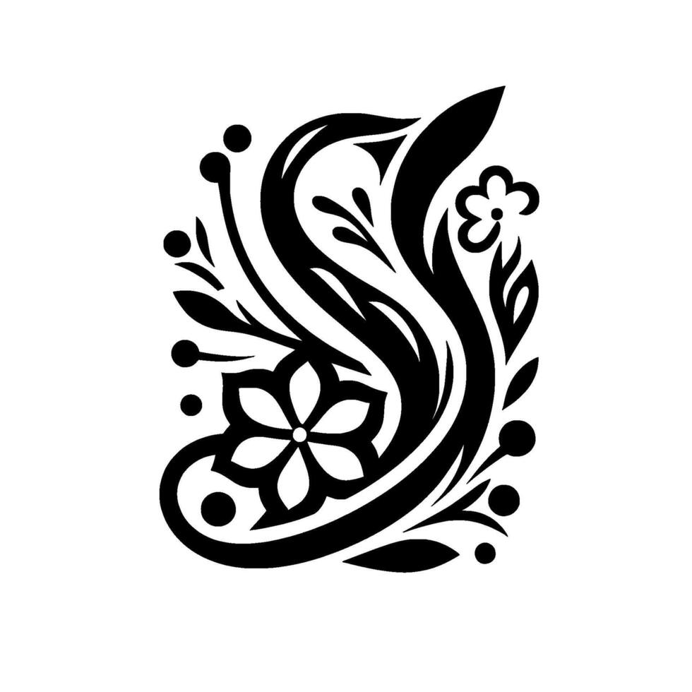 Bold monochrome floral with stylized flowers, leaves, and ornamental details, presented on a white background, radiating elegance. vector
