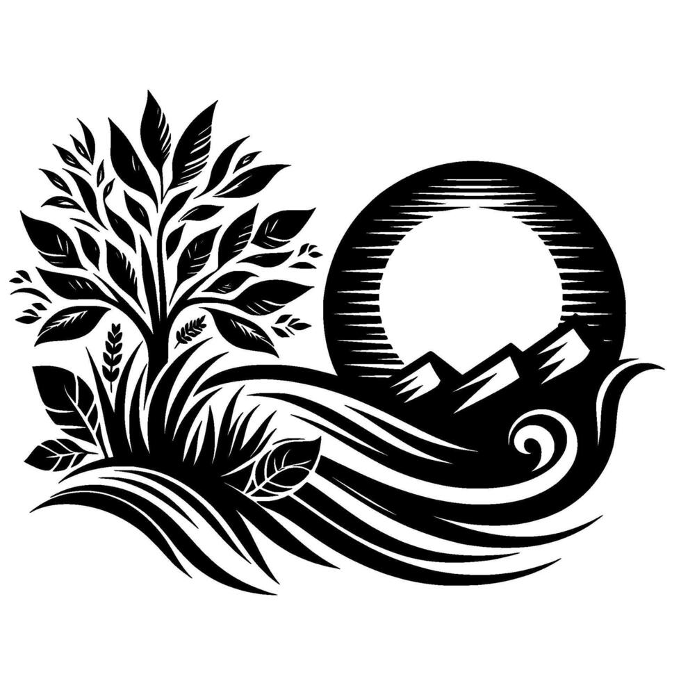 Stylized black and white nature illustration featuring a tree, mountains, flowing water, and a sunlike circle, evoking a sense of tranquility. vector