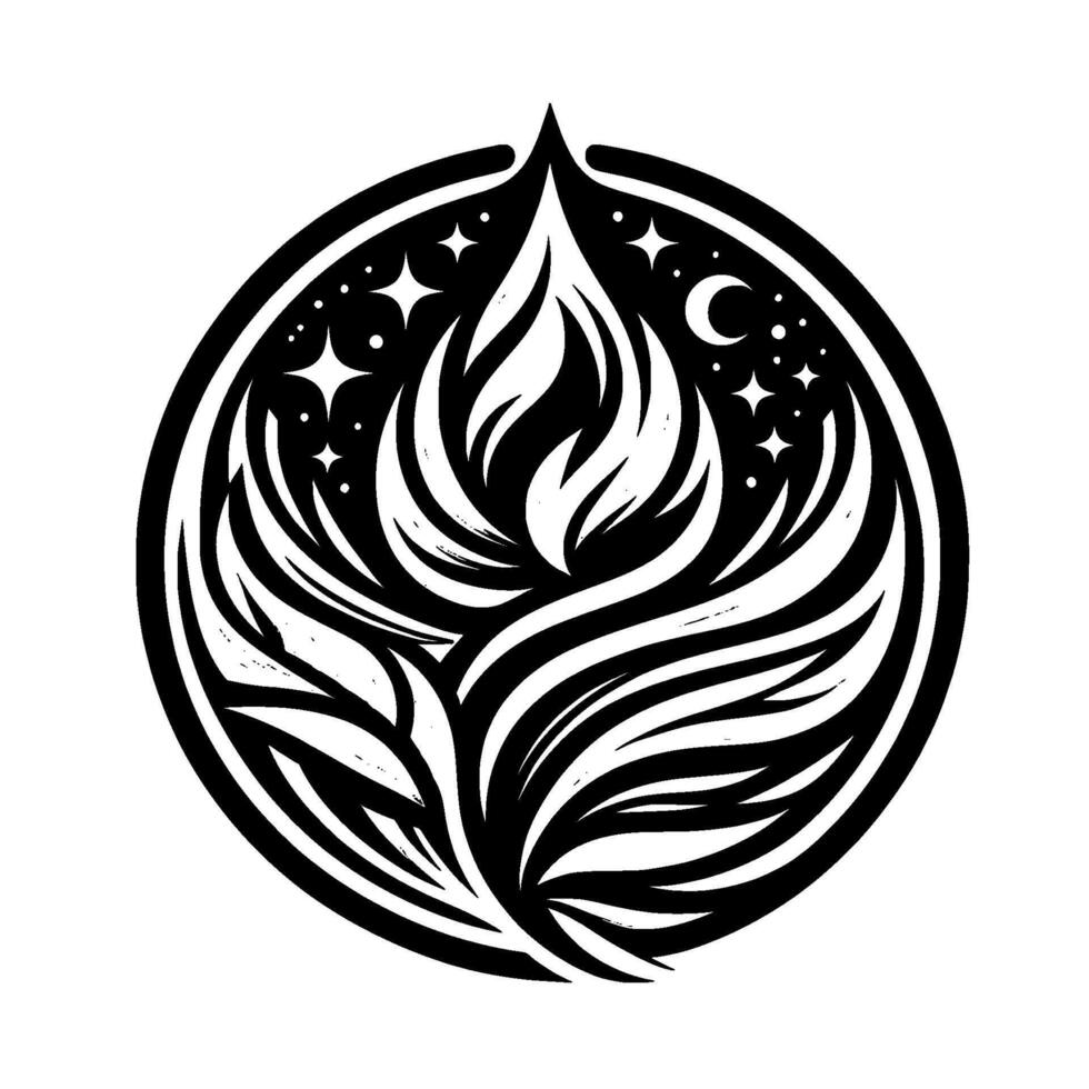 Intricate Black and White Circular Floral Emblem A stylized illustration of a flower within a circle, adorned with stars, a crescent moon, and flowing, layered . vector