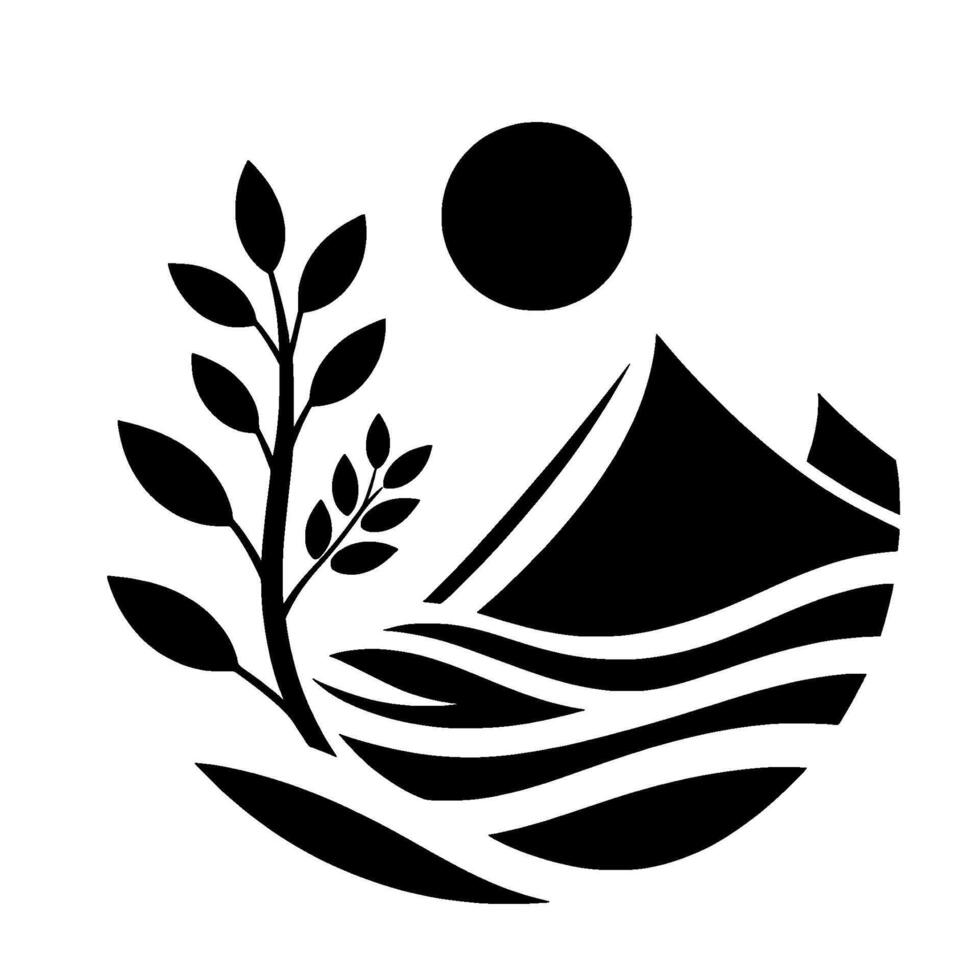 A minimalist, black and white depicting a mountain landscape with stylized waves, sun, and a branch with leaves, forming a circular composition. vector