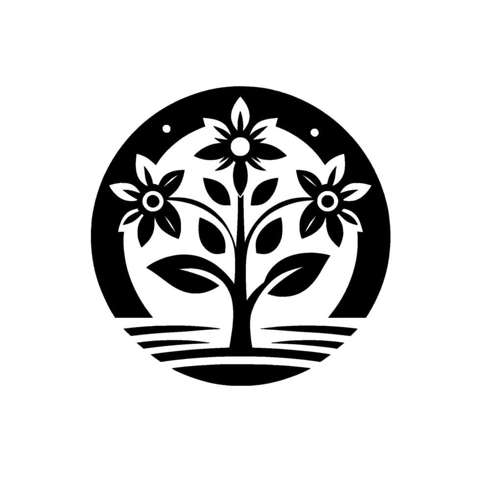 A striking black and white circular featuring a stylized tree with three prominent flowers, encircled by a dark band, evoking simplicity and nature. vector