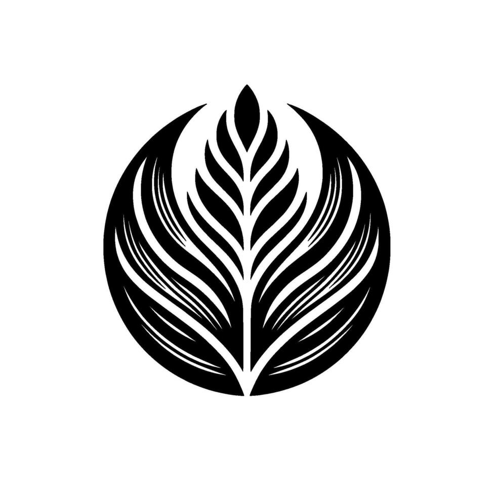 Bold, stylized black and white illustration of a central, leaflike form within a circular frame, evoking themes of growth and nature. vector