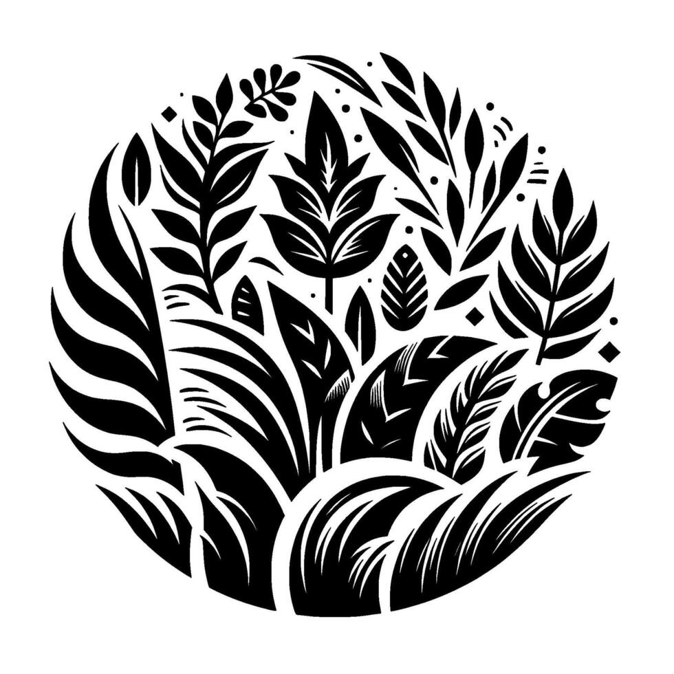 Intricate Black and White Botanical Composition, Showcasing Leafy Elements Arranged Within a Circular , Creating a Monochromatic NatureInspired Artwork. vector