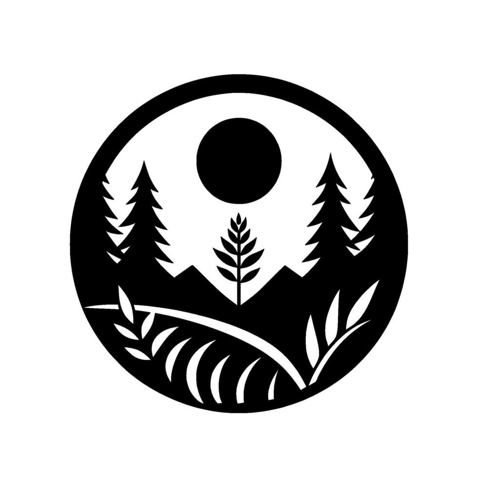 A minimalist, circular black and white nature emblem features mountains, pine trees, foliage, and a central plant set against a sun, symbolizing serenity and natural beauty. vector