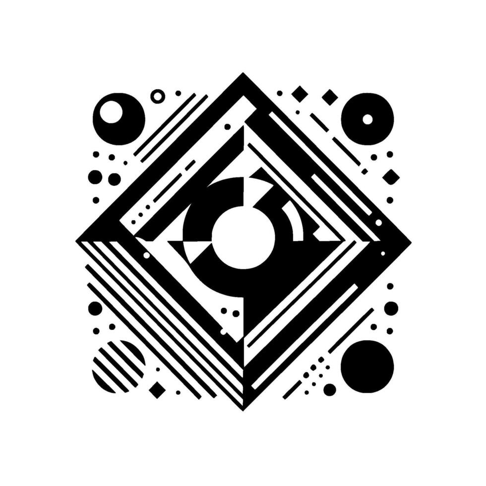 Geometric Black and White Composition Featuring Rhombus and Circle Elements with a Central Focal Point in a Modernist . vector