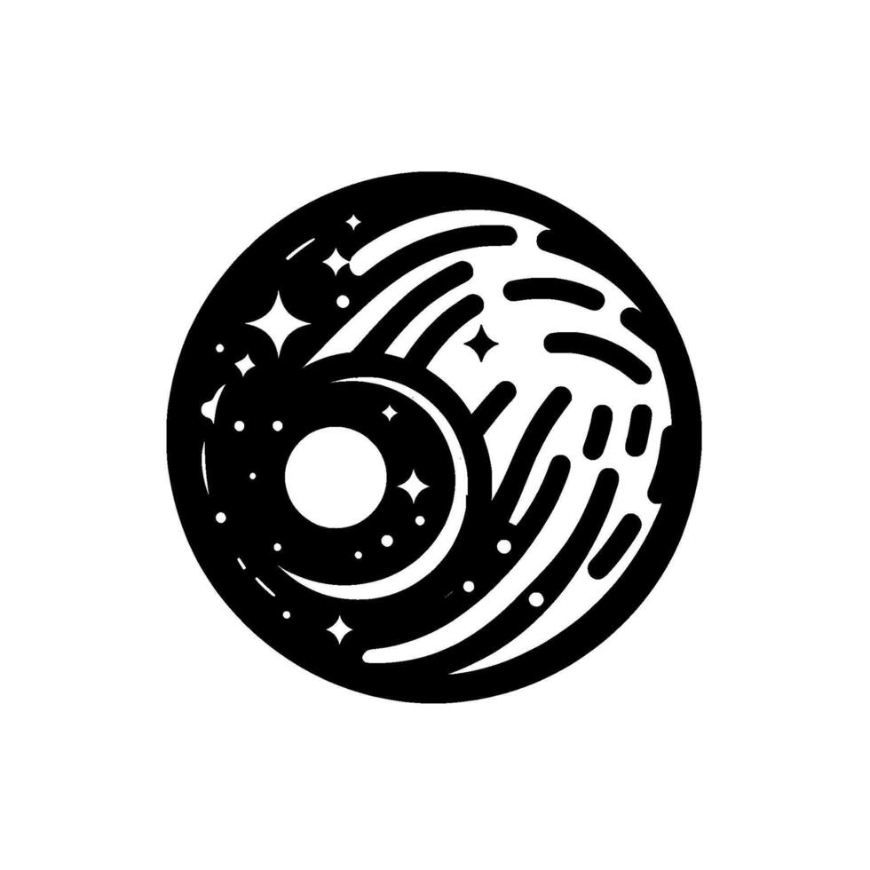 A black and white minimalist illustration of an abstract celestial , featuring a crescent moon, stars, and a swirling galaxylike effect within a circular frame. vector