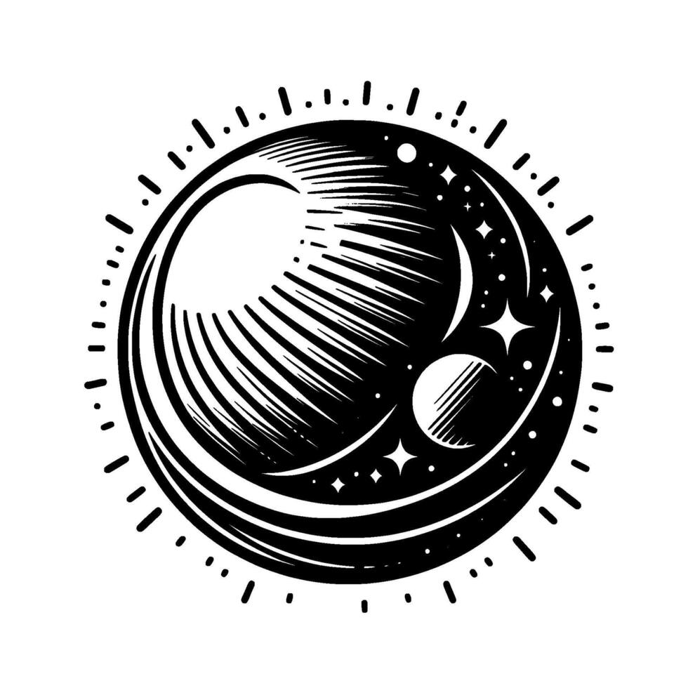 A stylized black and white cosmic illustration featuring a celestial body with detailed shading, accompanied by moons, stars, and a dotted circular frame, symbolizing the night sky. vector