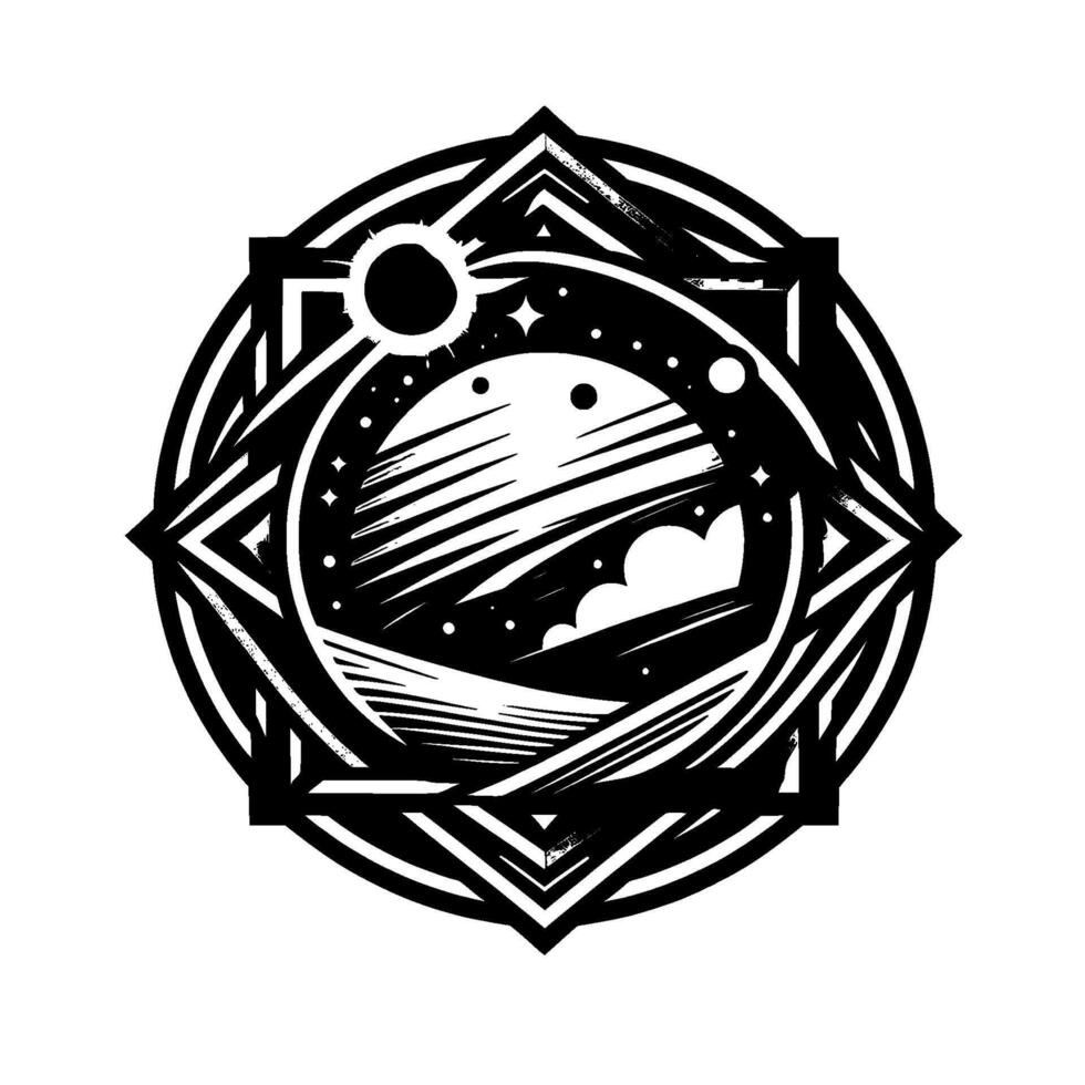 Celestial Mandala A Black and White Illustration Featuring a Stylized Landscape, Stars, Sun, and Lunar Elements within a Geometric Frame. vector