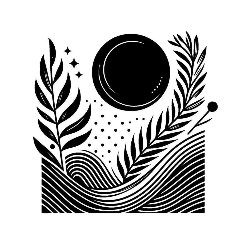Abstract Monochrome Botanical Composition featuring a stylized moon, stars, wavy lines, and fernlike leaves, presented in a minimalist, geometric . vector