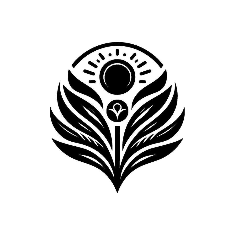Stylized black and white emblem featuring a sunlike halo above an organic, stylized flower form, evoking growth and renewal, with a minimalist aesthetic. vector