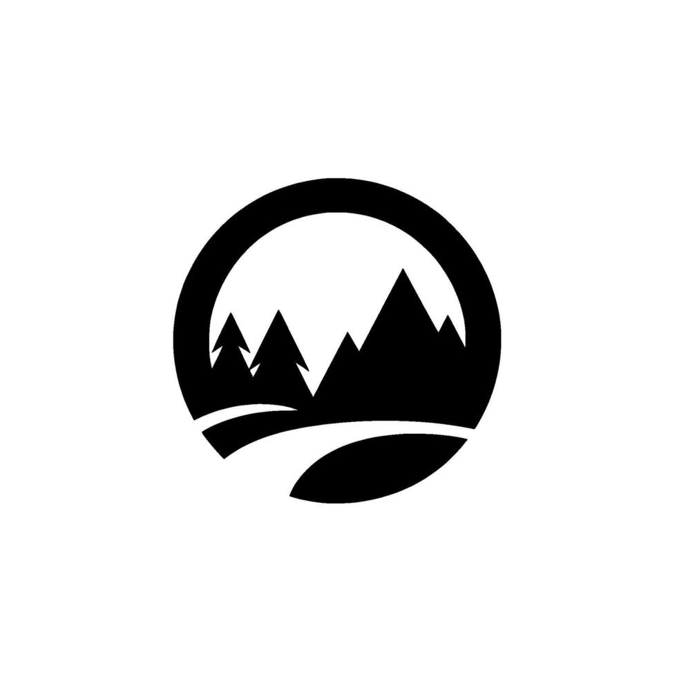 Minimalist black and white circular depicting a stylized mountain range, evergreen trees, and a curved road, evoking a sense of nature and tranquility. vector