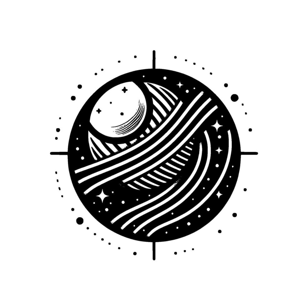 Intricate Black and White Cosmic Illustration Featuring a Crescent Moon, Striped Elements, Stars, and Orbital Paths within a Circular Frame. vector