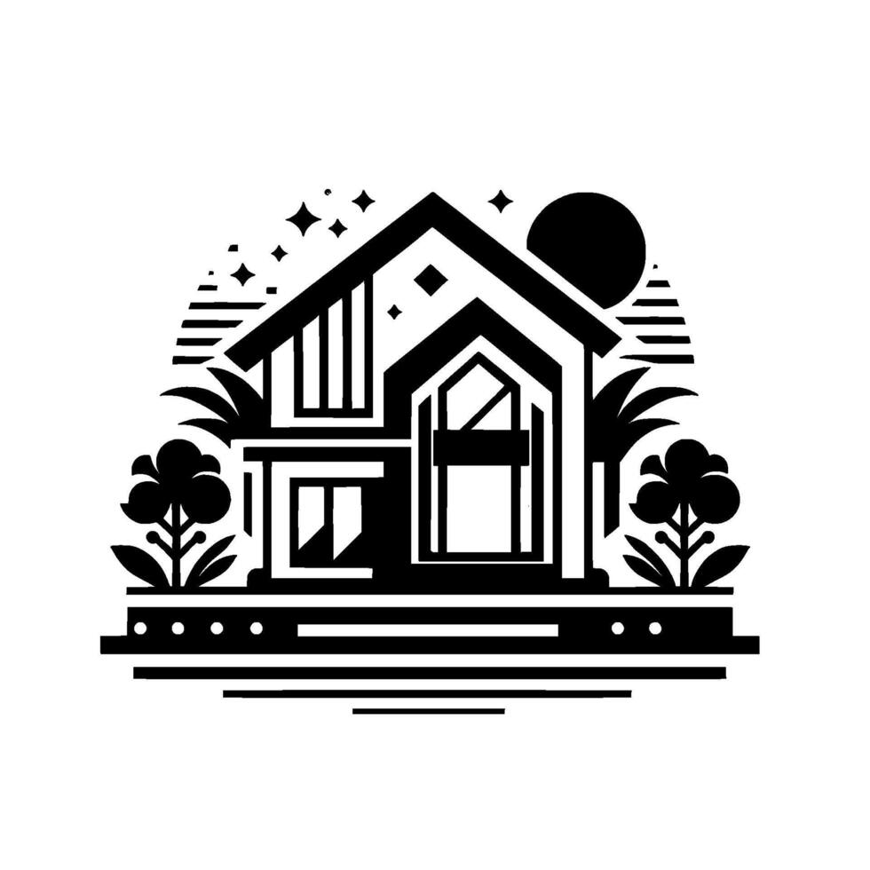 Geometric Black and White Illustration of a Modern House with Trees, Sun and Stars, set on a White Background. vector