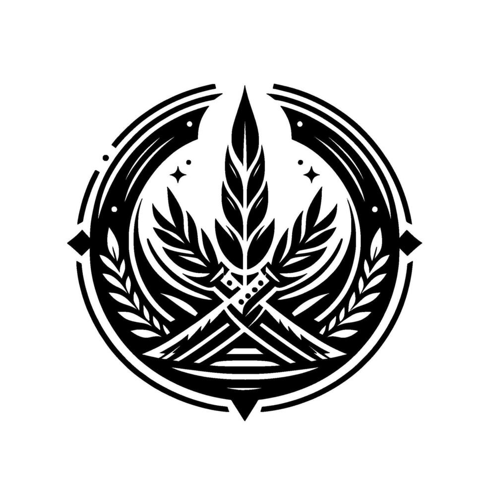 Intricate Black and White Circular Emblem Featuring Featherlike Elements, Crossed Blades, and Leafy Adornments, Surrounded by a Geometric Border on White Background. vector
