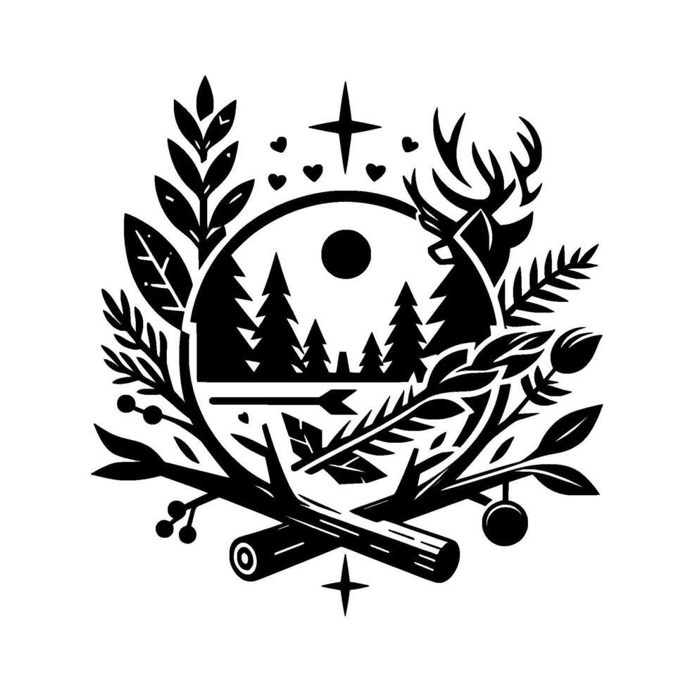 A black and white naturethemed emblem featuring a forest scene enclosed in a circle, encompassed by foliage, deer antlers, and a wooden log, with stars and hearts. vector
