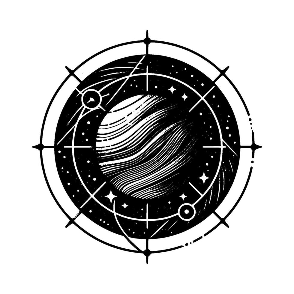 Intricate monochrome celestial featuring a stylized planet with striped surface, encompassed by a cosmic compass and adorned with stars, creating an artistic, geometric, and mystical illustrati vector