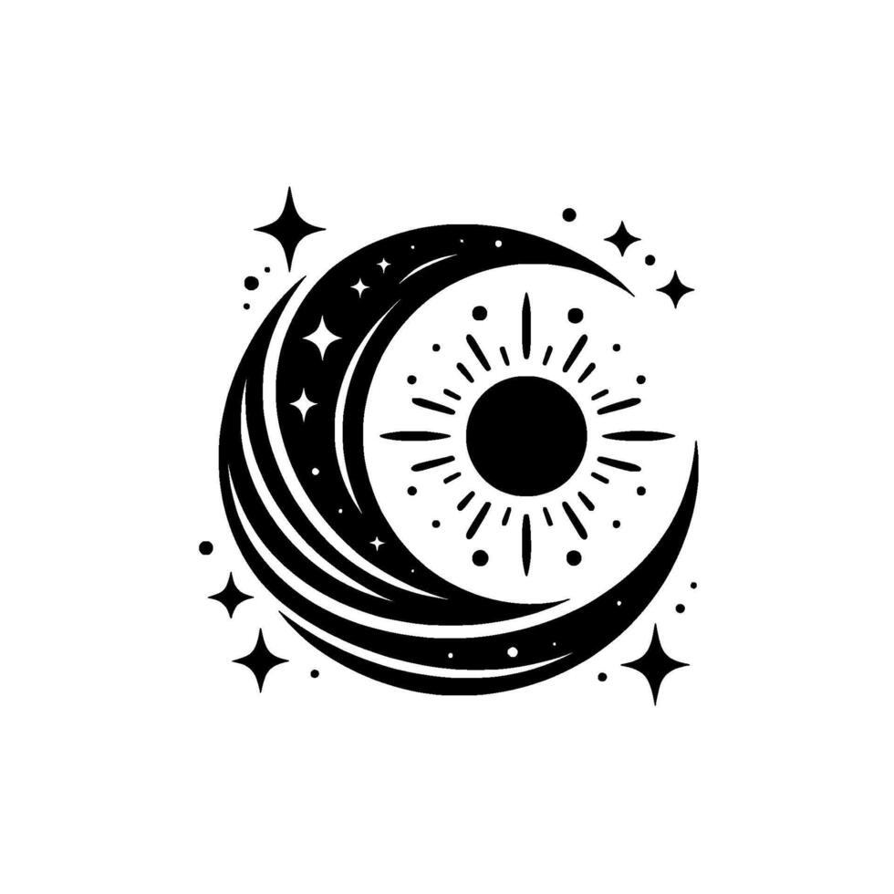 Celestial Harmony A Minimalist Black and White Illustration Featuring a Crescent Moon Enclosing a Radiant Sun, Surrounded by Stars. vector
