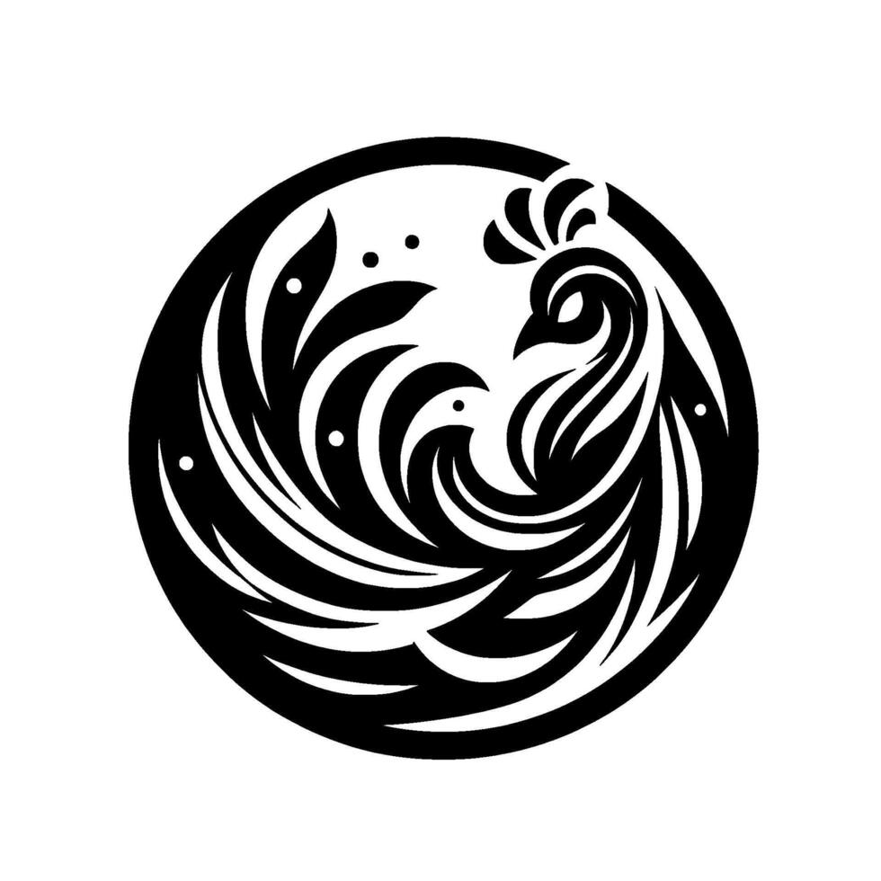 Elegant Black and White Phoenix Rising Within a Circle, Minimalist Art, Symbolizing Rebirth and Grace. vector
