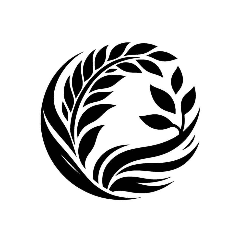 A stylized, black and white circular featuring stylized leaves and organic shapes, representing growth and nature. vector