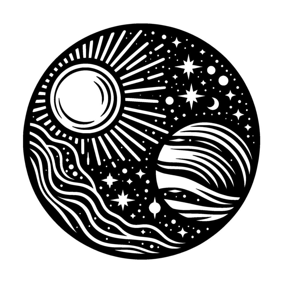 Celestial YinYang Sun, Sea Stars in a Circular Black and White Silhouette . vector