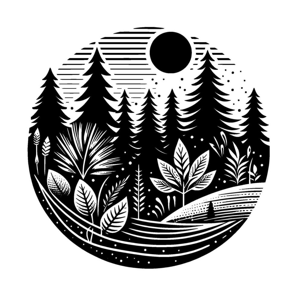 Monochrome forest scene in a circular frame featuring stylized trees, diverse foliage, a full moon, and horizontal lines symbolizing sky. vector