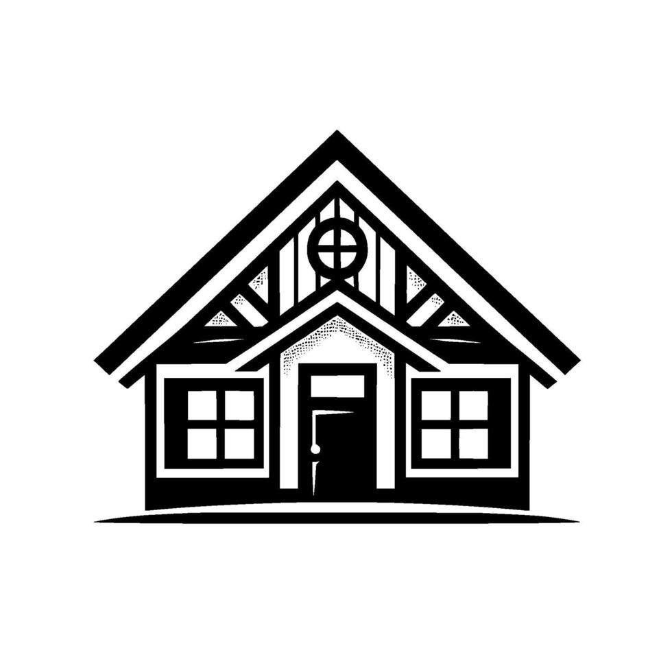 A stylized, blackandwhite architectural illustration of a charming cottage, featuring a gabled roof, crossinlaid window, and symmetrical window placement, presented against a stark white backdrop. vector