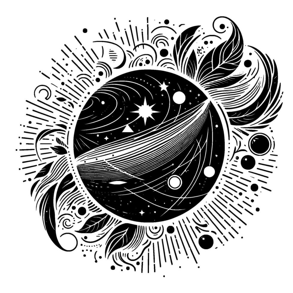 Intricate black and white illustration depicting a celestial orb with stylized stars, flowing lines, and organic elements, evoking a sense of cosmic wonder. vector