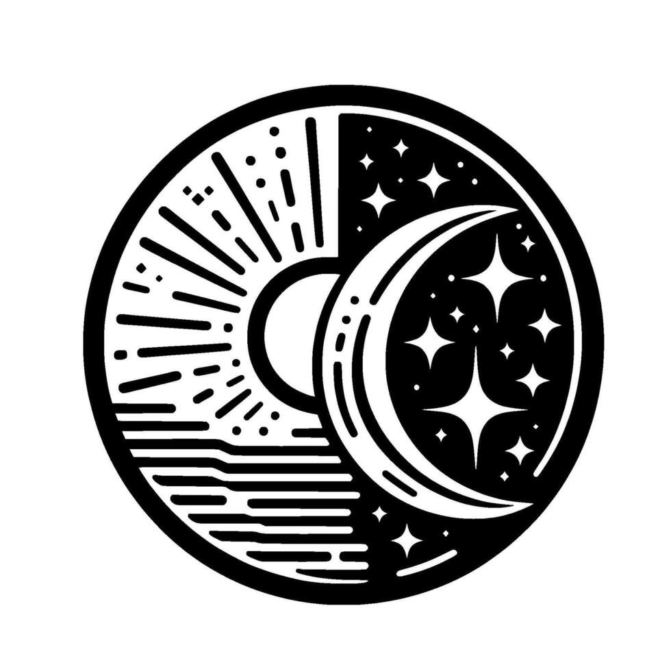 A striking black and white circular illustrating the cyclical relationship of day and night featuring a sun, moon, stars and the horizon. vector