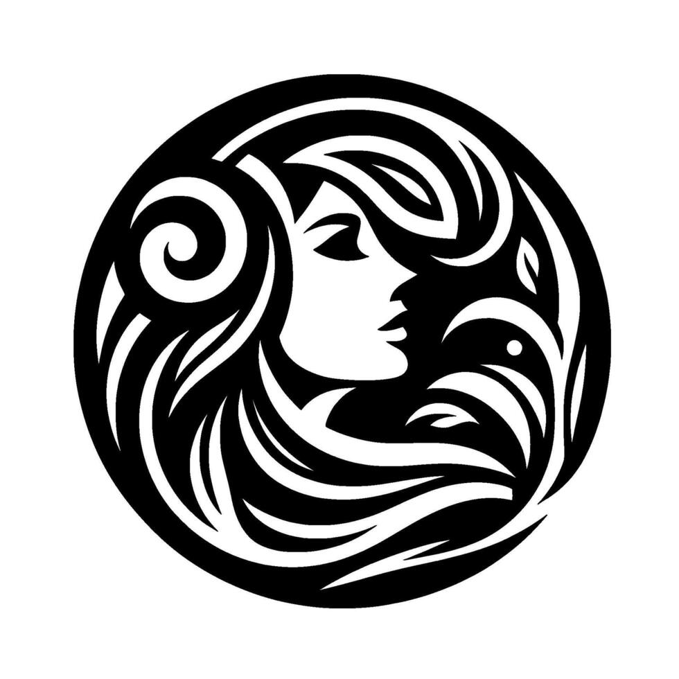 Elegant, stylized illustration featuring a womans profile encircled by flowing hair and organic floral accents within a monochrome circle. vector