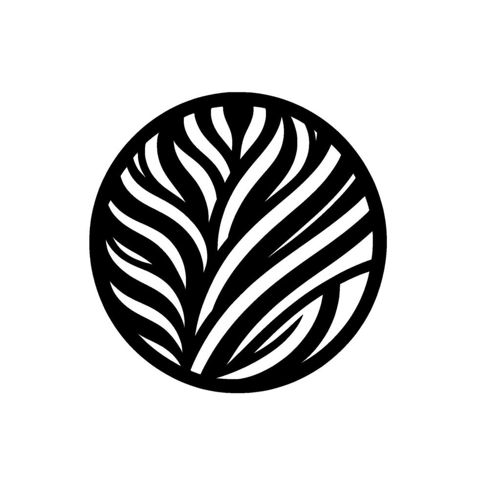 Circular black and white minimalist featuring an abstract, leaflike pattern within a circle, on a plain white background. vector