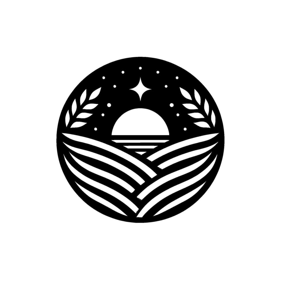 A minimalist, black and white circular depicting a stylized sunrise over rolling fields, adorned with wheat and a starry night sky. vector