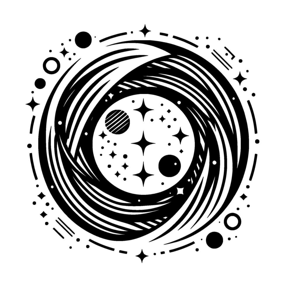 A stylized black and white illustration showcasing a swirling galaxy or cosmic portal, speckled with stars and celestial bodies. vector
