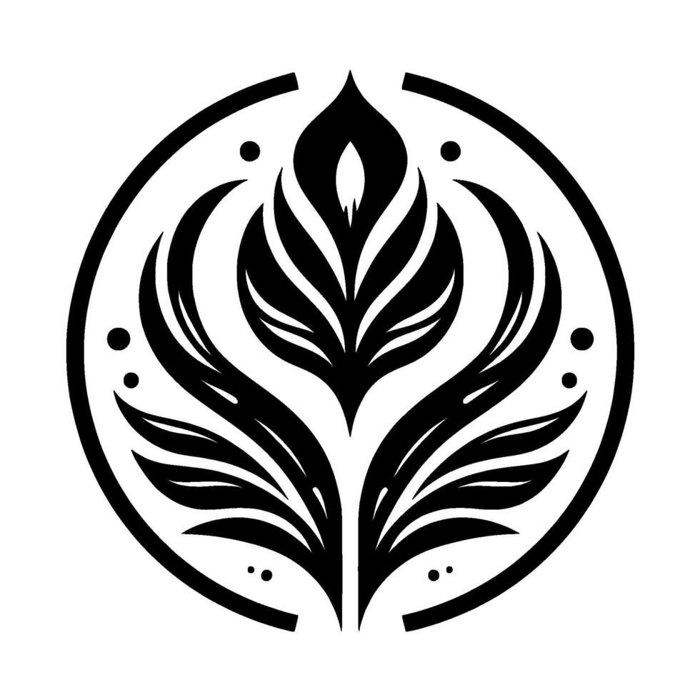 Symmetrical, stylized black botanical emblem within a circle, featuring a central floral element and elegant, curving leaves, accented by small dot details. vector
