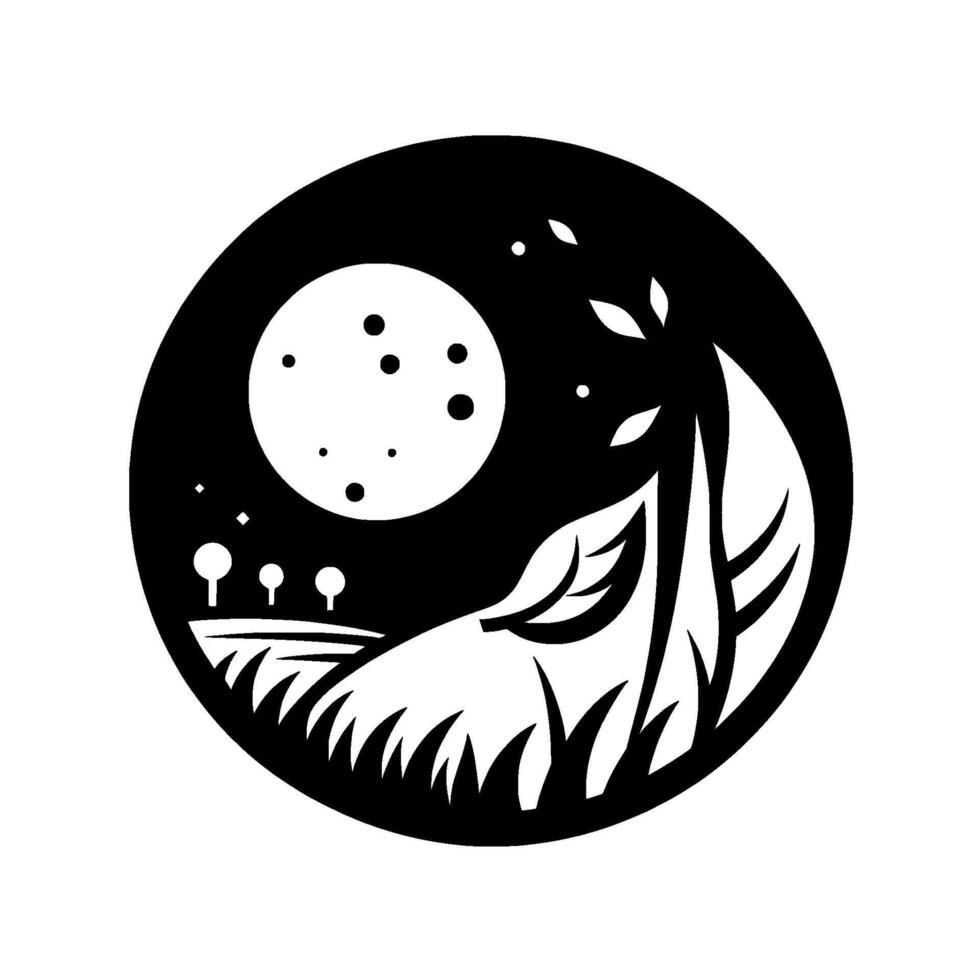 A minimalist, monochromatic circular depicting a moonlit night scene with stylized landscape and detailed vegetation in silhouette. vector