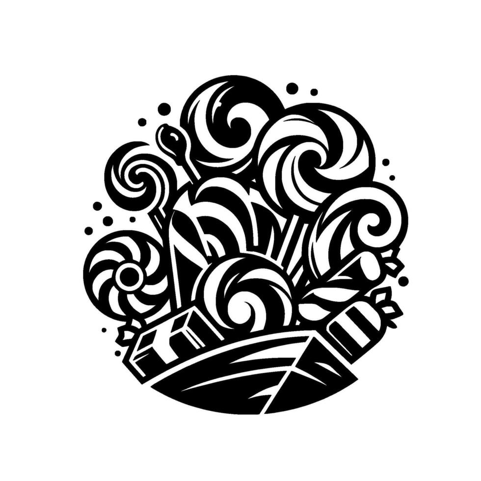A swirling vortex of monochromatic candy treats, including lollipops and sweets, artfully arranged in a bowl, embodying joy. vector