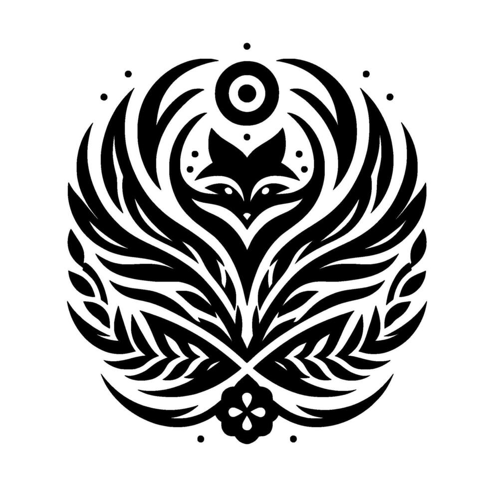 A symmetrical black and white circular featuring a stylized foxlike face at the center, surrounded by organic and geometric shapes resembling leaves, wings, and celestial elements. vector
