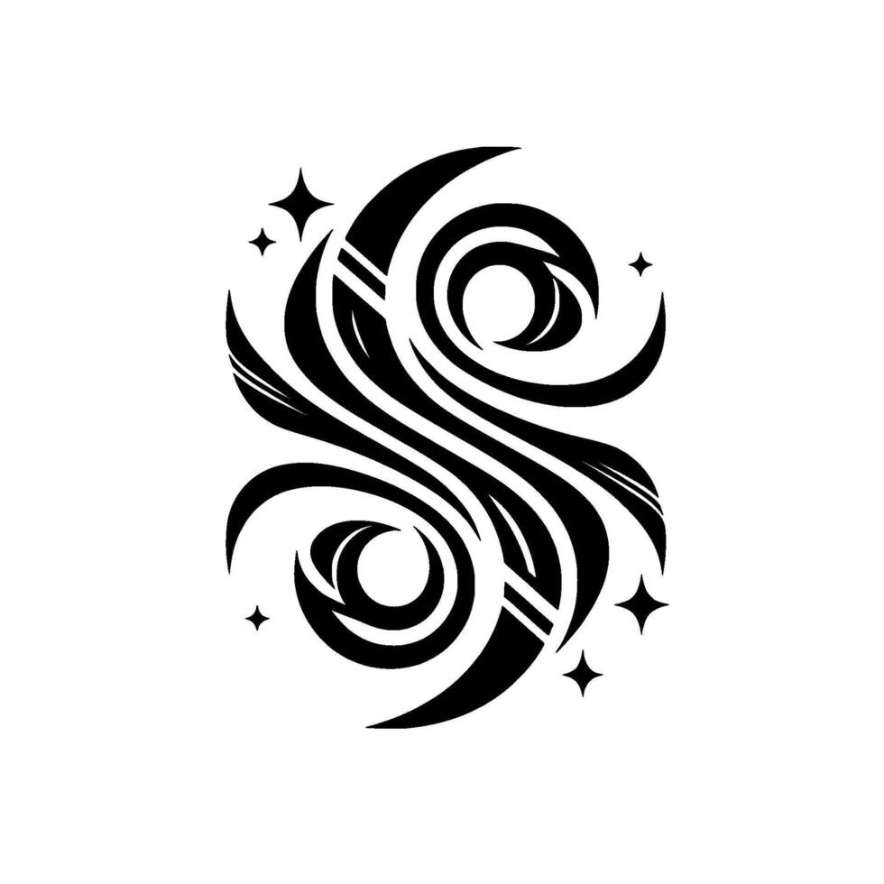 Intricate Black Swirls and Spirals with Star Accents A Monochromatic, Abstract , Minimalist Aesthetic. vector