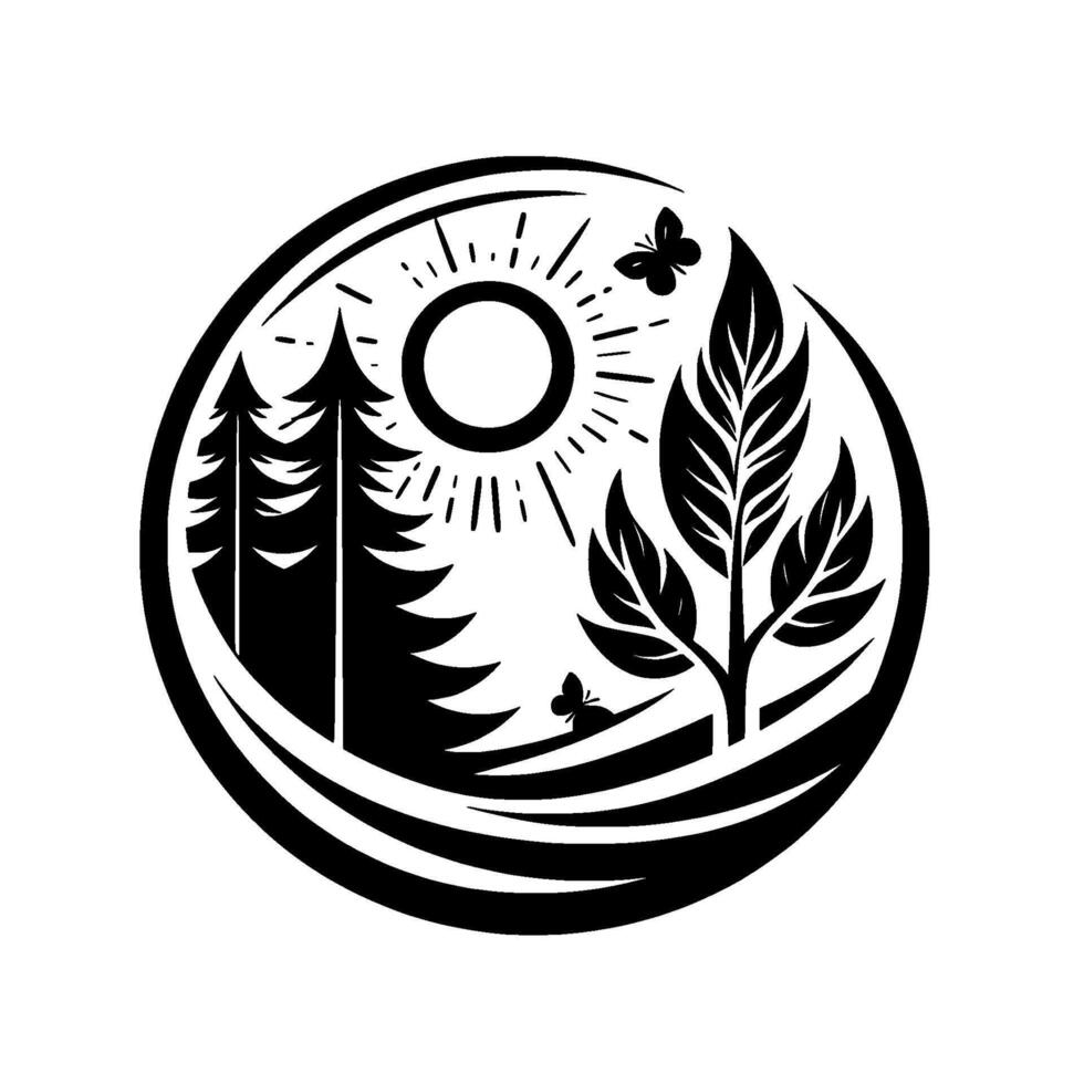 Black and white circular nature emblem featuring pine trees, sun, leaves, and butterflies, illustrating a peaceful natural landscape. vector
