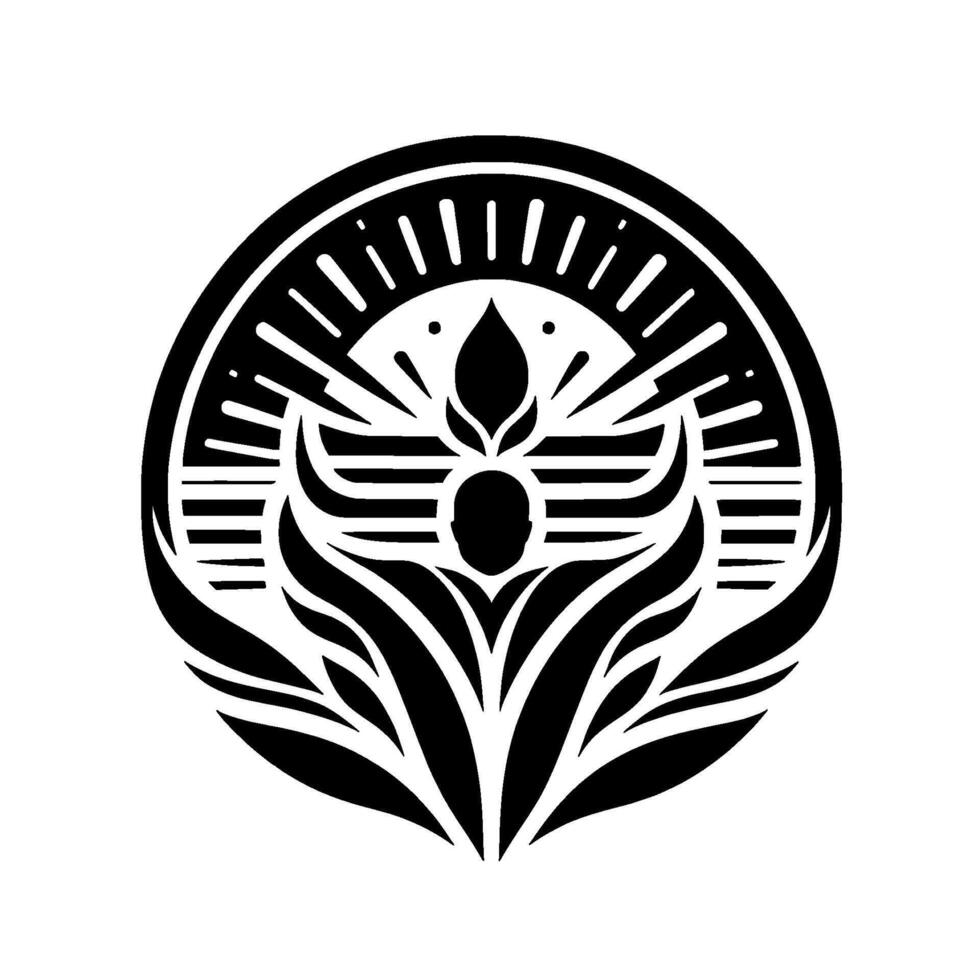 Symbolic monochrome circular emblem showcasing a stylized figure within a radiating sunburst , flanked by symmetrical leaflike elements. vector