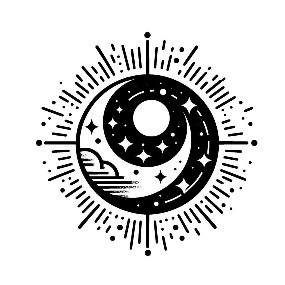 Celestial Emblem Black and white illustration of a crescent moon swirling with stars, clouds, and radiating lines, evoking mystique. vector